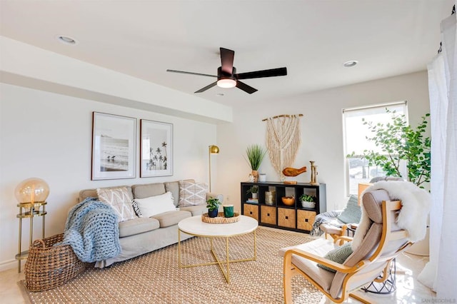 living room with ceiling fan