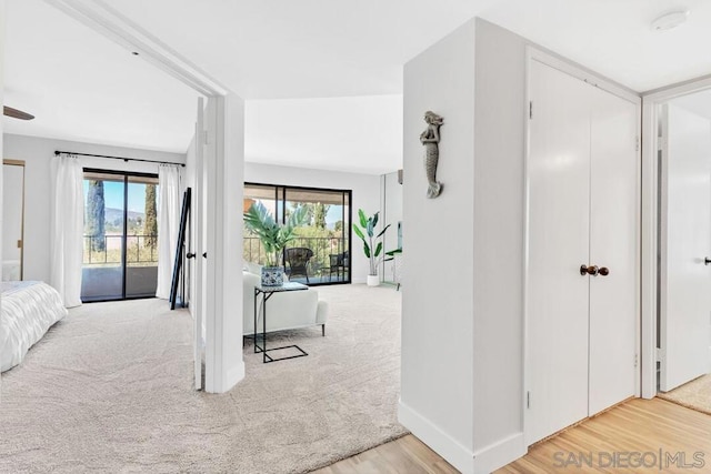 bedroom with access to exterior and hardwood / wood-style flooring