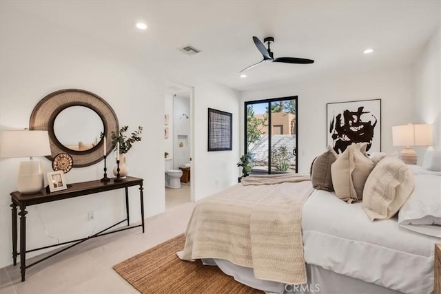 bedroom with ceiling fan and ensuite bath