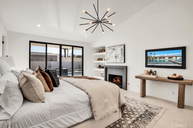 bedroom with lofted ceiling, access to outside, and an inviting chandelier