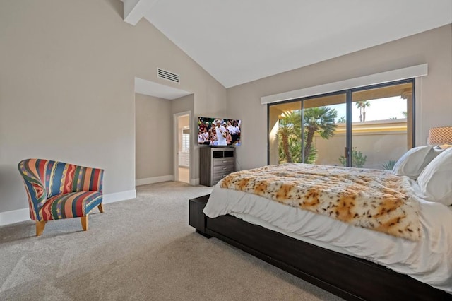 bedroom featuring carpet flooring, beam ceiling, and high vaulted ceiling