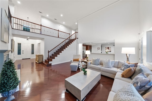 living room with a high ceiling and dark hardwood / wood-style flooring