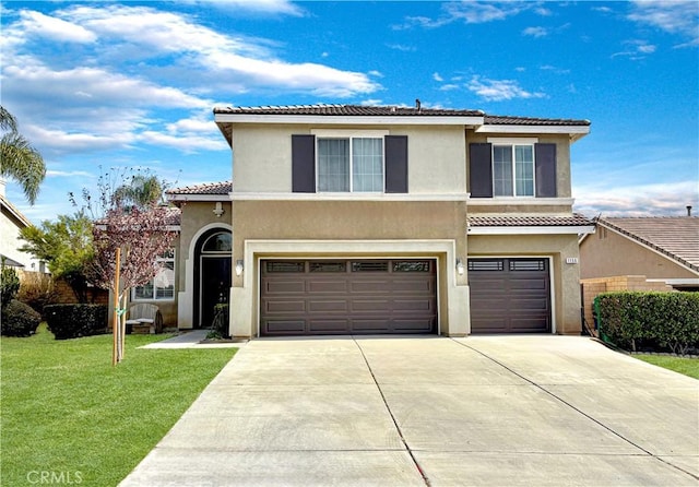 traditional-style house featuring stucco siding, a front lawn, concrete driveway, an attached garage, and a tiled roof