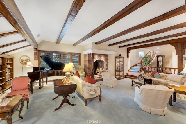 carpeted living room featuring beamed ceiling