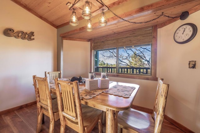 dining area featuring wooden ceiling, dark hardwood / wood-style flooring, and vaulted ceiling