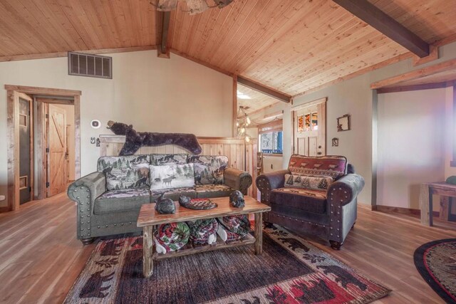 living room with lofted ceiling with beams, wood ceiling, and hardwood / wood-style floors