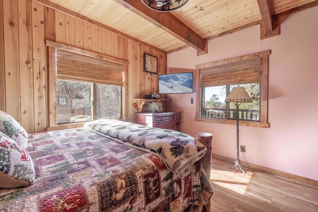 bedroom featuring beam ceiling, light hardwood / wood-style flooring, multiple windows, and wooden ceiling