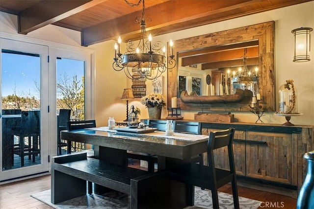 28906 Palisades Dr, Lake Arrowhead, CA 92352 - dining room featuring a chandelier, wood finished floors, and beam ceiling