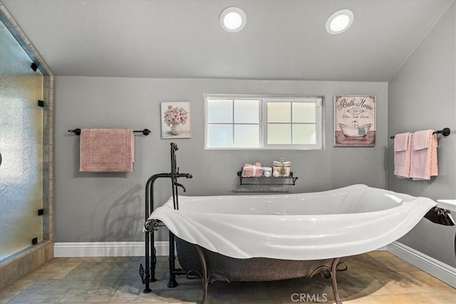 28906 Palisades Dr, Lake Arrowhead, CA 92352 - full bathroom with a shower stall, baseboards, and a freestanding bath