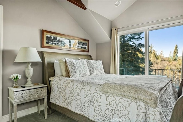28906 Palisades Dr, Lake Arrowhead, CA 92352 - bedroom with lofted ceiling, carpet, and access to outside