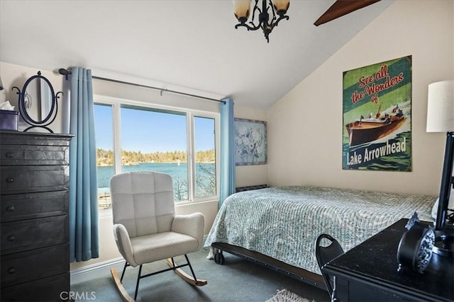 28906 Palisades Dr, Lake Arrowhead, CA 92352 - carpeted bedroom with vaulted ceiling and a water view