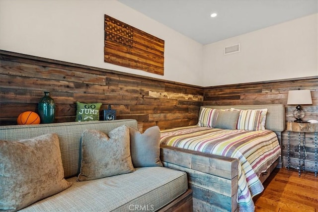 28906 Palisades Dr, Lake Arrowhead, CA 92352 - bedroom featuring recessed lighting, visible vents, wood finished floors, and wood walls
