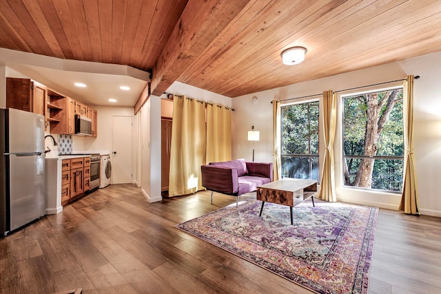 living room featuring wood-type flooring and wood ceiling