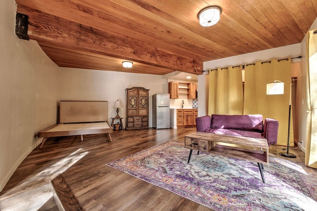 living room with wood-type flooring and wood ceiling