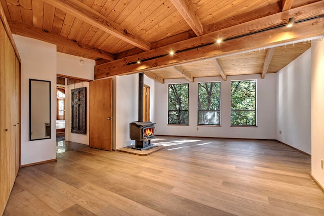 unfurnished living room with vaulted ceiling with beams, light wood-type flooring, a wood stove, and wood ceiling