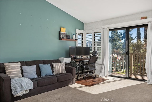 1758 Pala Lake Dr, Fallbrook, CA 92028 - home office featuring carpet floors and vaulted ceiling