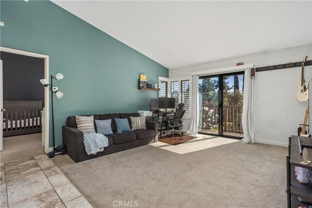 1758 Pala Lake Dr, Fallbrook, CA 92028 - living area with lofted ceiling, an office area, and carpet flooring
