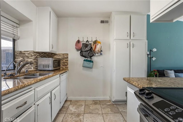 kitchen featuring stone counters, sink, tasteful backsplash, white cabinets, and appliances with stainless steel finishes