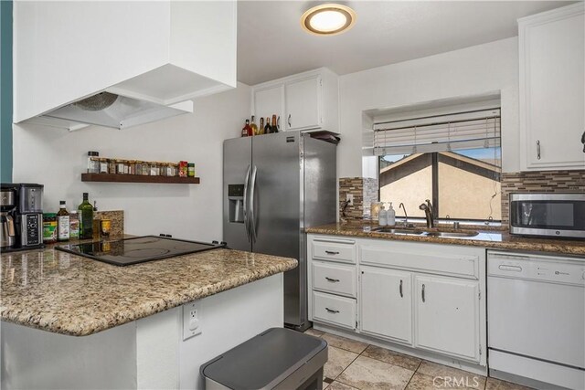 1758 Pala Lake Dr, Fallbrook, CA 92028 - kitchen featuring stainless steel appliances, tasteful backsplash, white cabinetry, and light stone counters
