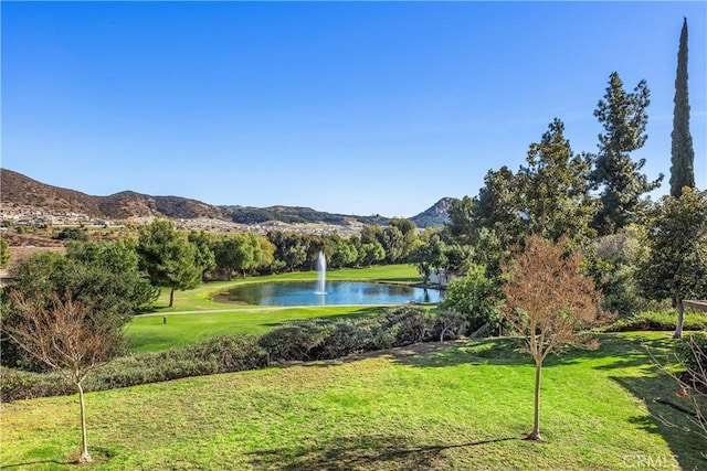 view of community featuring a yard and a water and mountain view