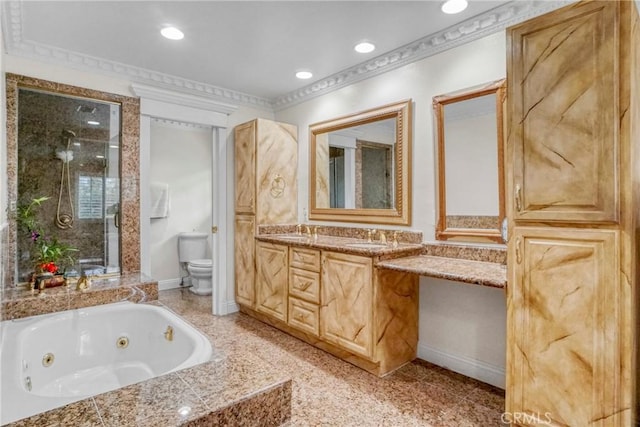 bathroom with vanity, a relaxing tiled tub, ornamental molding, and toilet