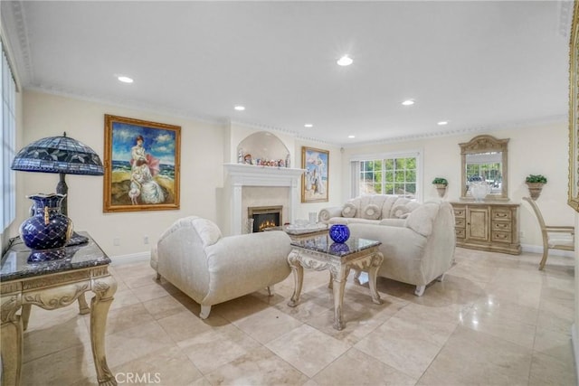 living room with crown molding