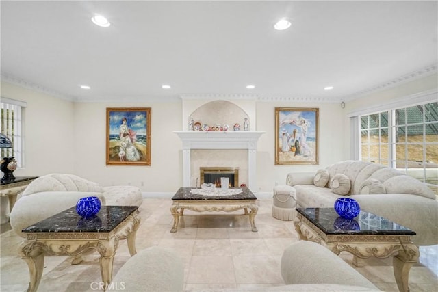 tiled living room featuring ornamental molding