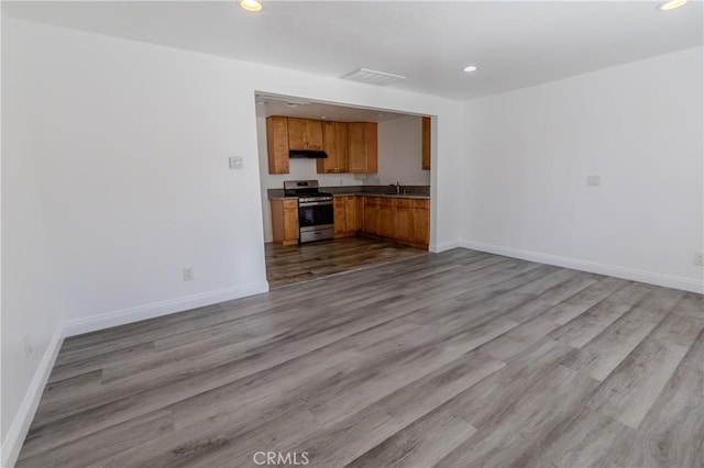 kitchen with light hardwood / wood-style floors, stainless steel range oven, and sink