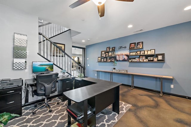 30343 Mahogany St, Murrieta, CA 92563 - office with recessed lighting, a ceiling fan, visible vents, and baseboards