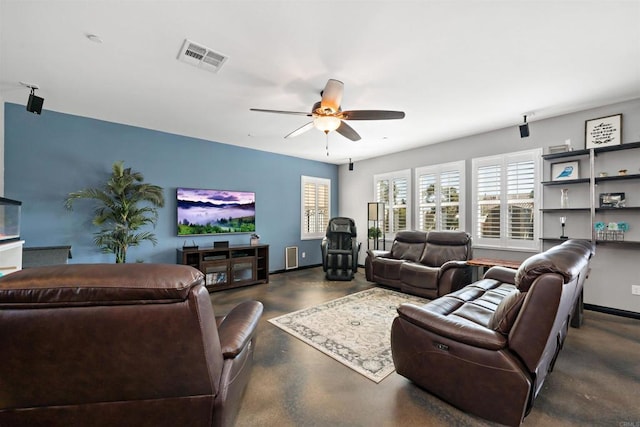 30343 Mahogany St, Murrieta, CA 92563 - living room featuring baseboards, visible vents, concrete flooring, and ceiling fan