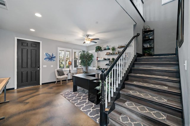 30343 Mahogany St, Murrieta, CA 92563 - stairs featuring finished concrete floors, ceiling fan, visible vents, baseboards, and recessed lighting