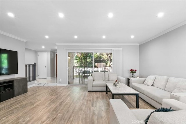 living room with ornamental molding and light hardwood / wood-style flooring