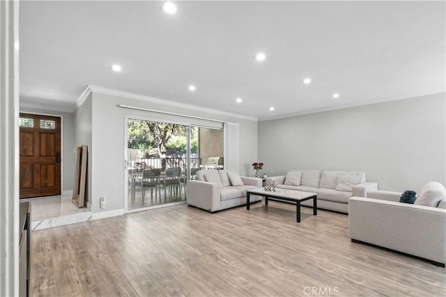 living room featuring light hardwood / wood-style floors and ornamental molding