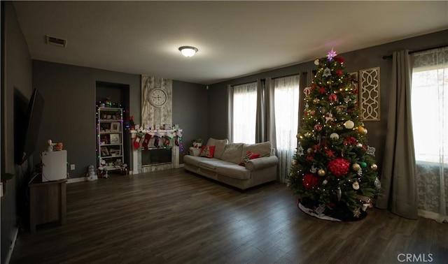 living area with a fireplace and dark hardwood / wood-style flooring