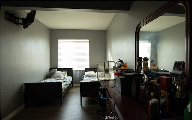 bedroom featuring dark wood-type flooring and multiple windows