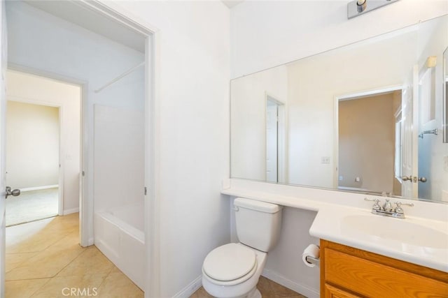 full bathroom with shower with separate bathtub, toilet, vanity, and tile patterned flooring