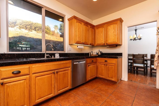 kitchen featuring sink, dishwasher, a notable chandelier, and tile patterned flooring