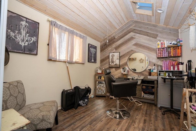 home office with dark wood-type flooring, lofted ceiling, wood walls, and wood ceiling