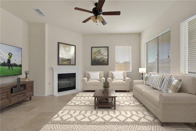 living room with ceiling fan