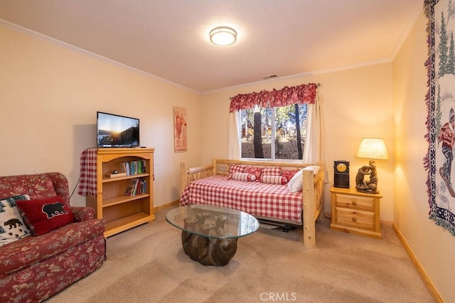 carpeted bedroom featuring ornamental molding