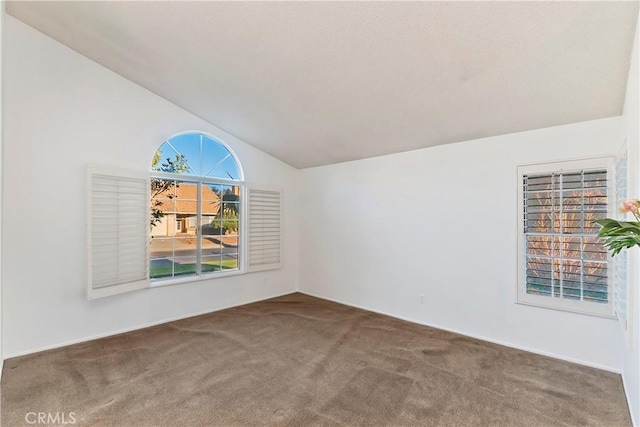 empty room featuring lofted ceiling and carpet flooring