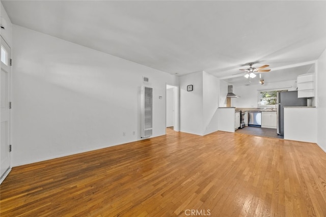 unfurnished living room with light hardwood / wood-style floors and ceiling fan