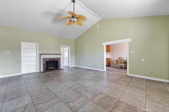 unfurnished living room with baseboards, high vaulted ceiling, a brick fireplace, and a ceiling fan