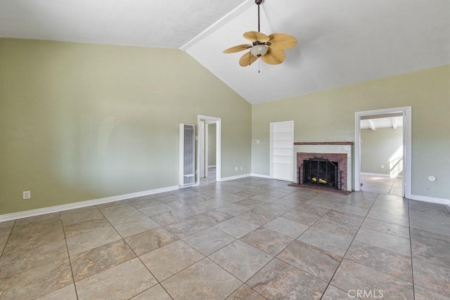 unfurnished living room with baseboards, high vaulted ceiling, a brick fireplace, and ceiling fan