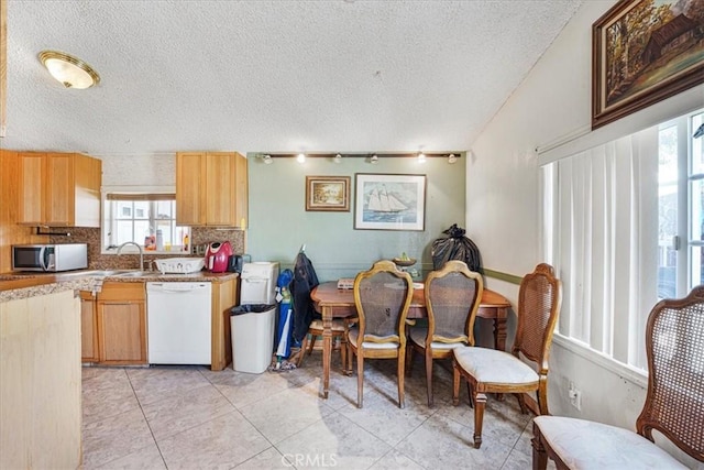 kitchen featuring light countertops, stainless steel microwave, dishwasher, and light brown cabinetry