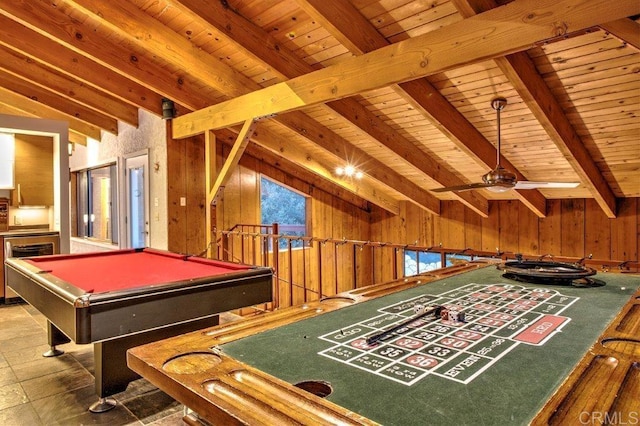 playroom with ceiling fan, lofted ceiling with beams, wooden walls, wood ceiling, and pool table