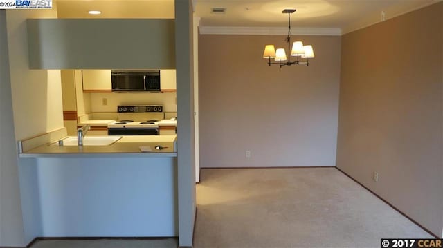 kitchen with sink, an inviting chandelier, white electric stove, crown molding, and light carpet