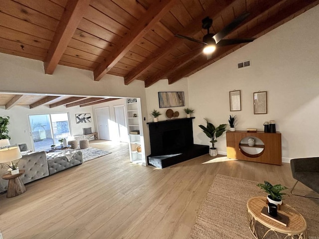 living room featuring ceiling fan, lofted ceiling with beams, wood ceiling, and light hardwood / wood-style flooring