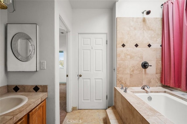 bathroom with tile patterned flooring, vanity, and independent shower and bath