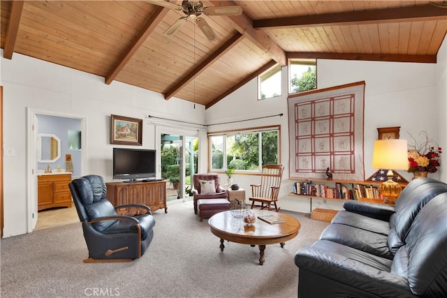 living room featuring high vaulted ceiling, light colored carpet, beamed ceiling, and wooden ceiling